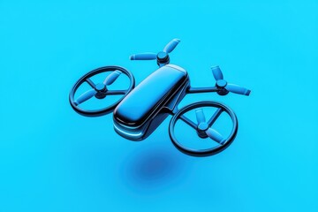 Fototapeta premium Stylish blue drone with dual propellers, floating on a smooth blue background.