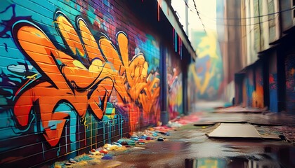 A vibrant alleyway adorned with colorful graffiti art, showcasing intricate designs on brick walls...