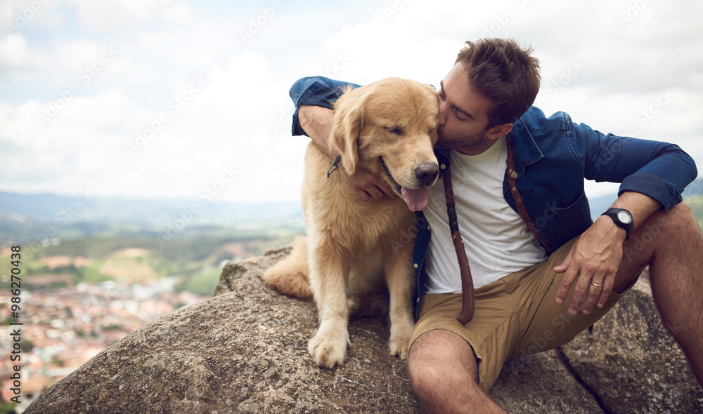 Poster Man, kiss and dog in nature for travel, hiking and holiday with bonding, connection and portrait. Male person, love and golden retriever outdoor for pet care, vacation or break on weekend with puppy