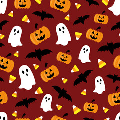 Naklejka premium Vector seamless Halloween pattern with pumpkins, bats, ghosts and candies on a dark background