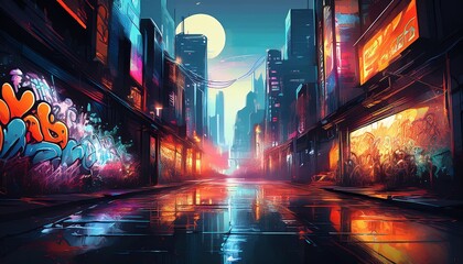 A vibrant, futuristic cityscape at night, featuring colorful graffiti, slick streets reflecting neon lights, and a large moon illuminating the urban environment.