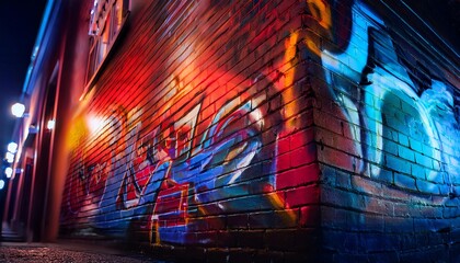 A vibrant graffiti mural illuminated by street lights, showcasing vivid colors on a textured brick...