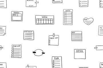 Seamless pattern of simple sticky note in doodle style. Blank square sheets of notepapaer. A variety of paper stickers. Planning notebook, note paper, diary, paper, documents. Hand drawn