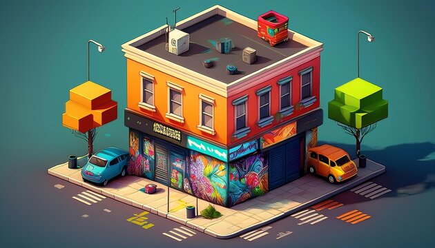 A vibrant, pixel art depiction of a corner store featuring colorful graffiti, parked cars, and stylized trees, set against a blue backdrop.