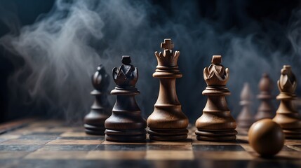 Chess Pieces in a Dramatic Smoky Setting During an Intense Game Showdown at an Evening Gathering