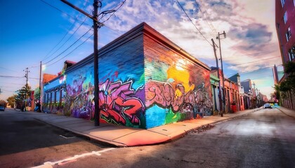 A vibrant street corner adorned with colorful graffiti art, showcasing urban creativity against a...