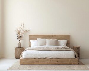 Minimalist bedroom with light wooden bed and neutral decor, minimalistic design, peaceful sleep