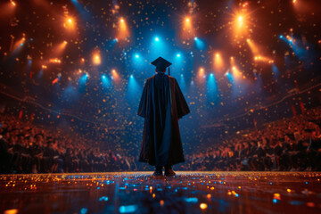 Rear view of graduate in a cap and gown stands proudly on stage, as an enthusiastic audience applauds in a vibrant, colorful atmosphere, marking a significant milestone