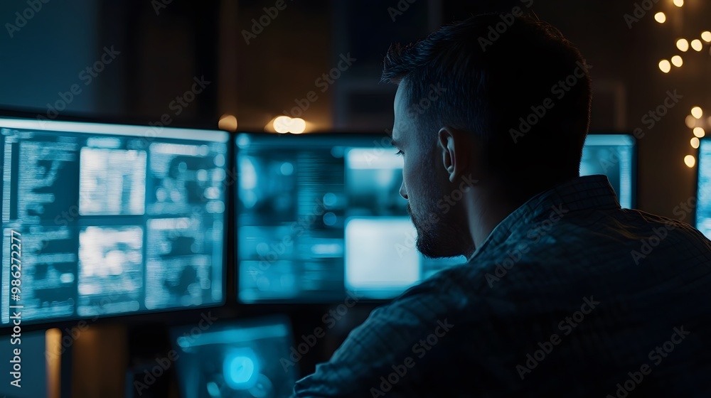 Poster a man focused on multiple computer screens in a dimly lit room
