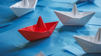 Red Paper Boat Leading Among White Boats on Blue Background.