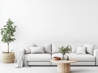 Spacious living room with sleek sectional sofa and minimalist coffee table, minimalistic design, open harmony
