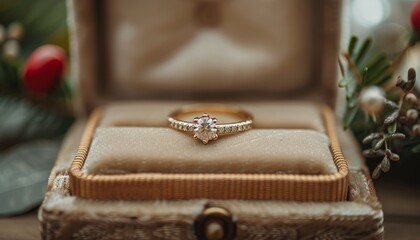 engagement ring, wedding, gold and diamond ring in box