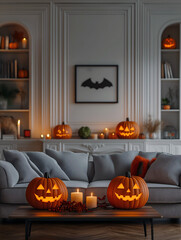 Aesthetic room interior design with Halloween elements. Wall with decoration in the apartment. Holiday pumpkins in the room.