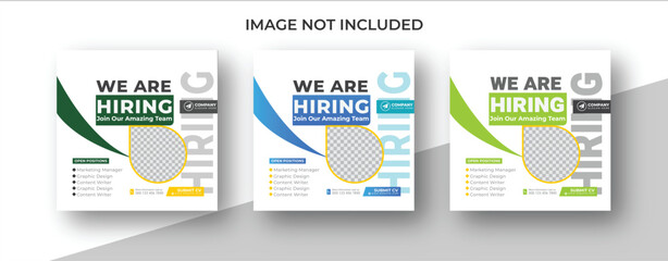 We are hiring job vacancy social media post banner design template. We are hiring job vacancy square web banner design.