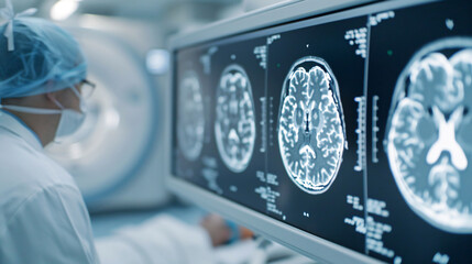 Doctor reviewing brain scans on a digital display in a medical facility, utilizing advanced technology for diagnostics.