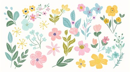 Bright Spring Floral Elements in Doodle Style with Pastel Colors.