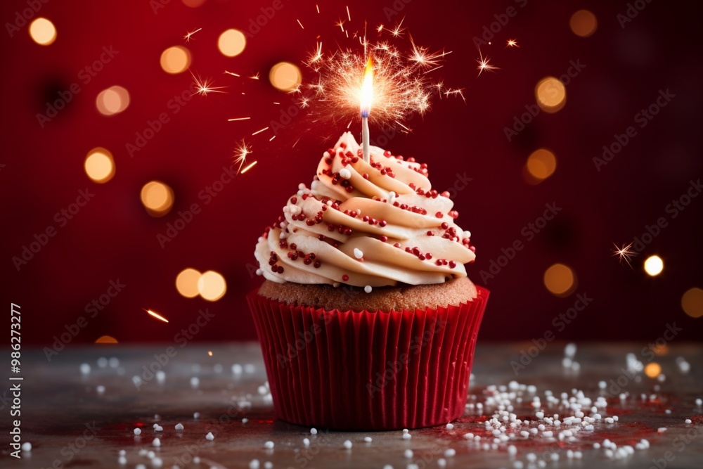 Poster cupcake with sparklers on top red light background image