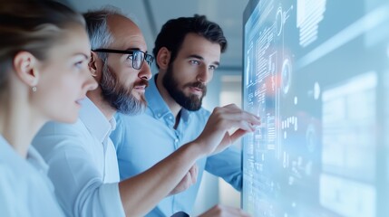 A diverse team of professionals collaborate in front of a large digital screen, analyzing data and discussing strategies.