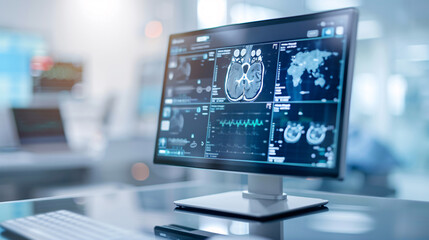Computer screen displaying advanced brain imaging scans, showcasing modern medical technology for brain diagnostics.