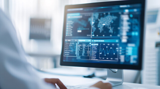 A professional analyzing global data on a digital dashboard, representing modern data science, analytics, and global connectivity.