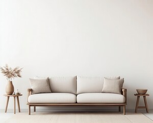 Serene living area with minimalist sofa and geometric accents, minimalistic furniture, balanced comfort
