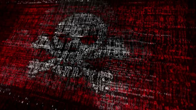 Pirate skull cyber attack USA flag waving secure code. Darknet and cybercrime blowing banner cyber security attack and hack concept animation.