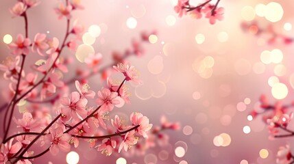 Beautiful Spring Background of Blooming Cherry Blossoms and Bokeh Lights
