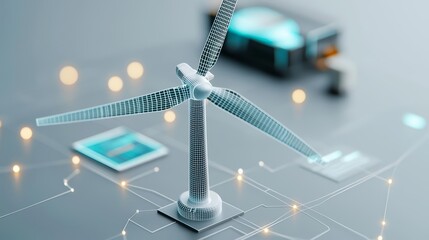 Digital wind turbine rendered in a wireframe design, connected to a network of glowing data points, innovation in green energy technology, futuristic vibe