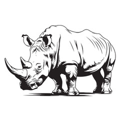 Rhino standing hand drawn engraving style sketch Vector illustration on transparent background.