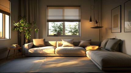 Fototapeta premium A cozy living room with large sectional sofa, soft cushions, and natural light streaming through windows creates warm and inviting atmosphere. greenery adds touch of freshness