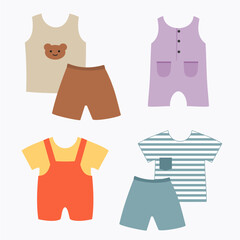 colorful summer clothes collection for kid boy. cute outfit illustration