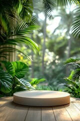 Obraz premium White circular podium on wood table with tropical green leaves in the background for product display.