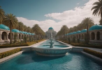 Obraz premium A beautiful fountain is in front of a building with blue domes