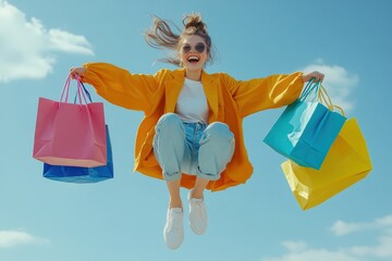 Young woman wearing colorful cloth in modern style holding colorful shopping bags jumping with happy smile. 