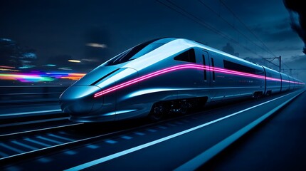 Modern Sleek Train Speeding Through Urban Landscape at Night With Vibrant City Lights and Dynamic Energy