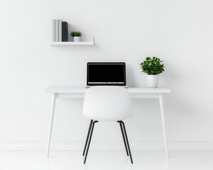 Simple home office with white desk and minimal shelving, minimalistic interior, calm and focus