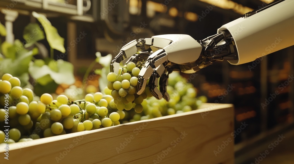Poster paper cut style robot hand picking grapes from a wooden box in a high-tech factory setting, symboliz