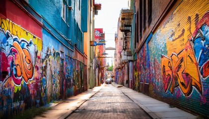 Naklejka premium A vibrant alley adorned with colorful graffiti, showcasing urban art that adds character to the surrounding architecture.