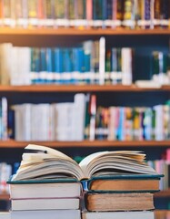 Book in library with old open textbook, stack piles of literature text 