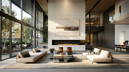A large open space with modern fireplace creates comfortable and inviting atmosphere. stylish furniture and natural light enhance elegance of this contemporary living area