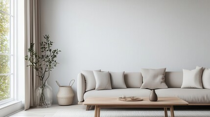 Serene living room with minimalist coffee table and soft lighting, minimalistic design, calm and balance