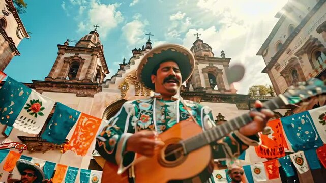 Traditional Mariachi Band Playing Guitars, Wearing Embellished Charro Outfits And Sombreros. Cinco de Mayo or Dia de los Muertos. Mexican Festive Music