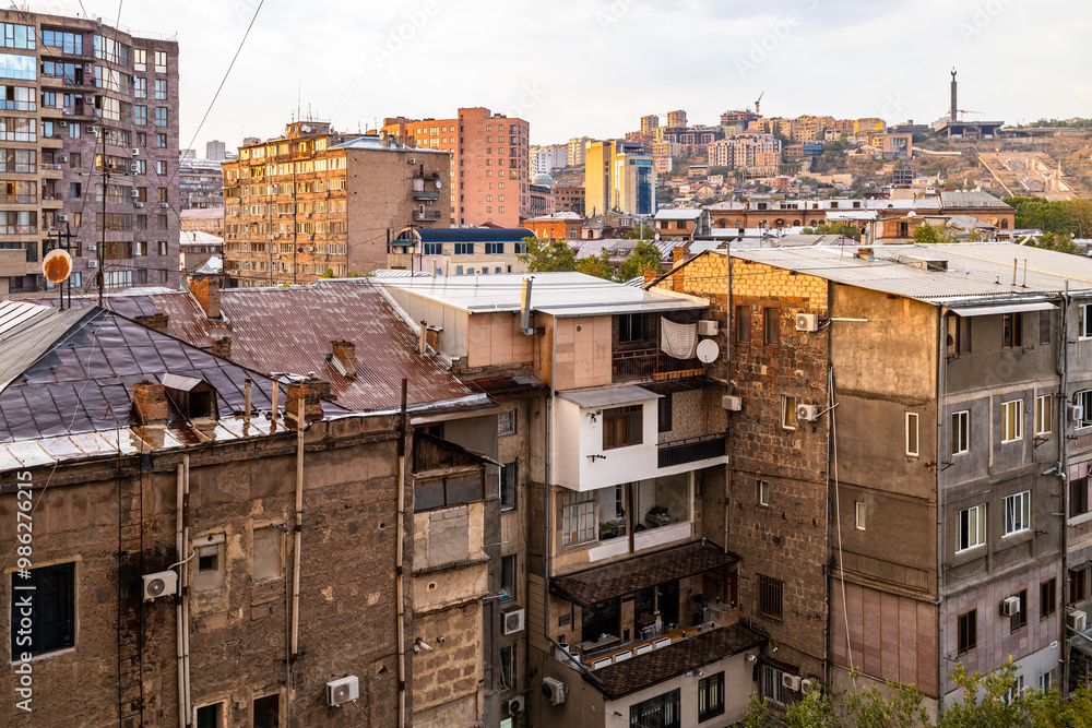 Wall mural residential houses in Yerevan city in sunset