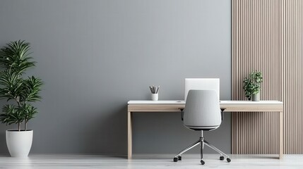 Modern office with sleek desk and ergonomic chair, minimalistic design, productive harmony