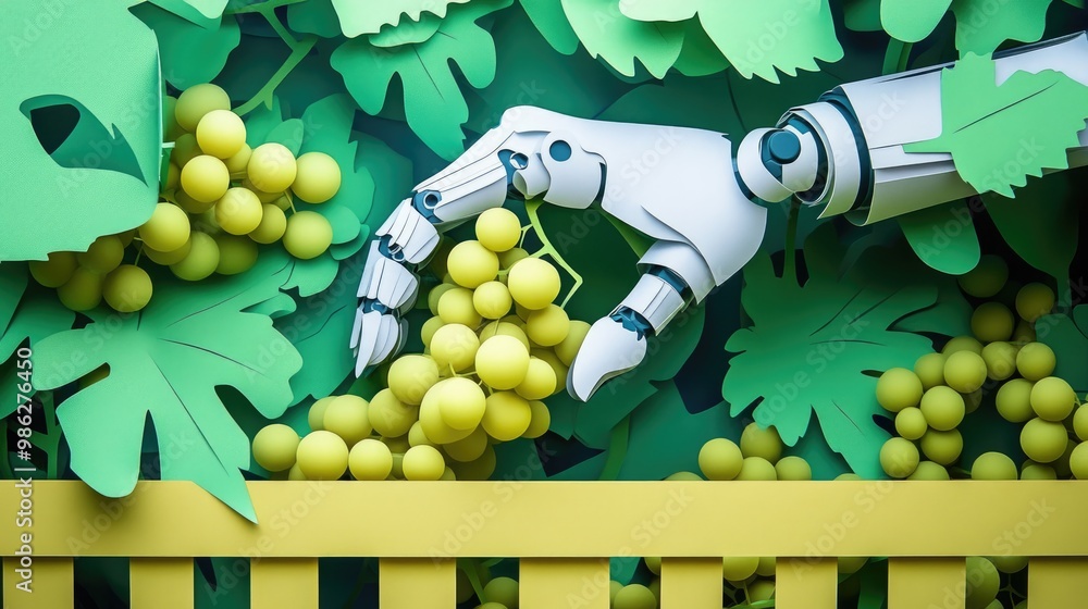 Poster paper cut style robotic hand picking grapes from a crate, symbolizing automated high-tech factory pr