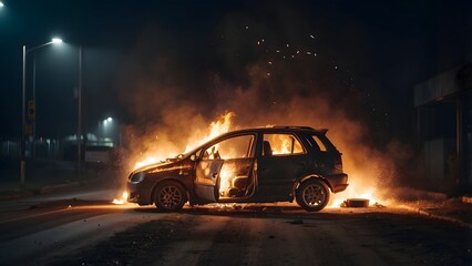 A Car Engulfed in Flames on a Deserted Street at Night, Illuminating the Dark Surroundings and Creating Chaos