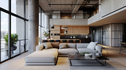 A contemporary loft featuring mix of industrial and cozy design elements, showcasing spacious living area with large windows, modern furniture, and stylish kitchen