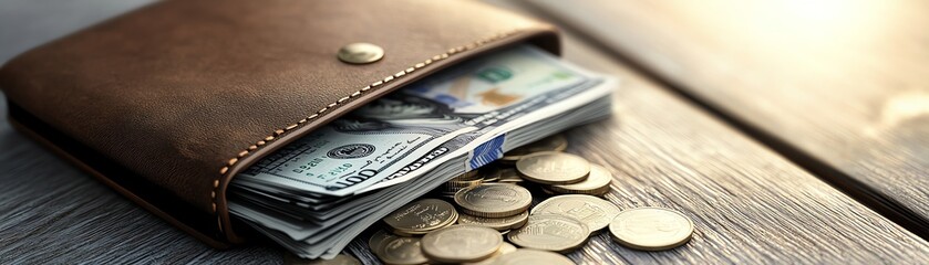 Brown leather wallet with US dollar bills and coins on wooden surface, representing finance, savings, and personal money management.