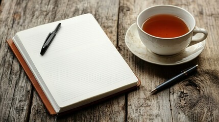 A cup of tea sits on a wooden table next to an open notebook