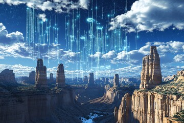 Stunning digital art of a futuristic landscape with blue skies, canyon rock formations, and glowing lights descending from the sky.